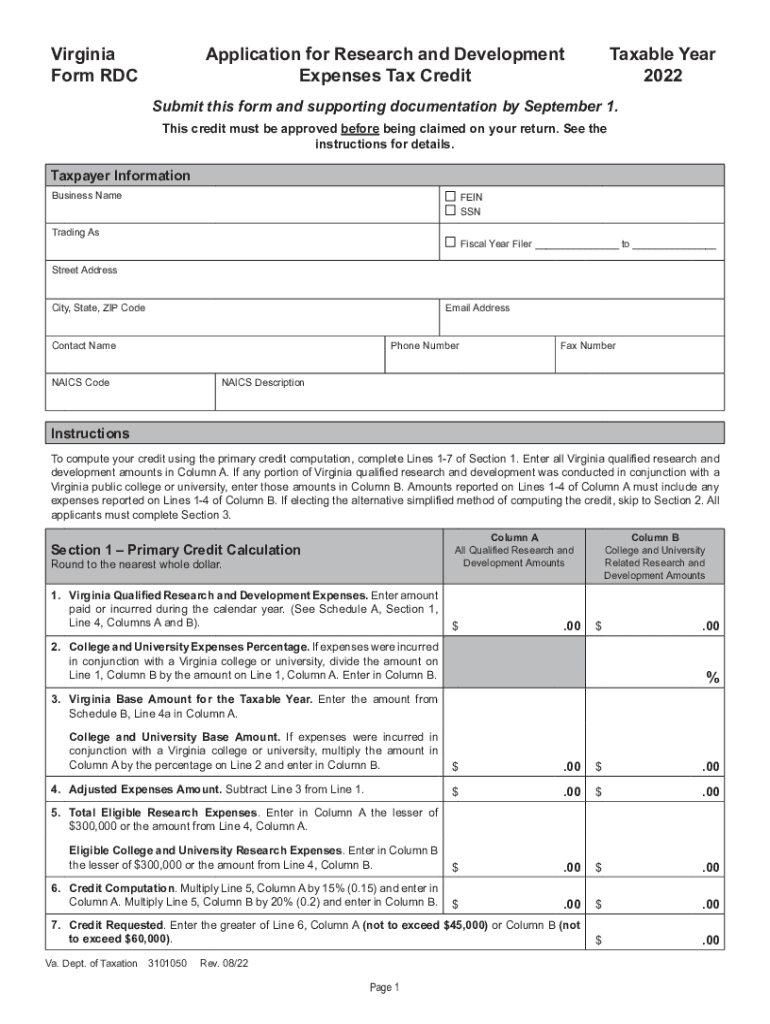  Draft Form RDC Application for Research and Development Expenses Tax Credit Virginia Form RDC Application for Research and Devel 2022-2024