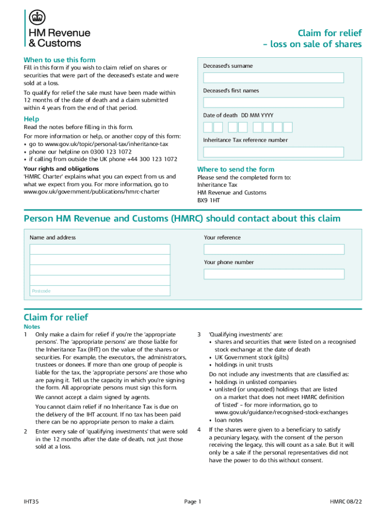  Assets Publishing Service Gov UkgovernmentIHT35Claim for Reliefloss on Sale of Shares GOV UK 2022-2024