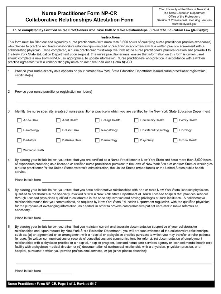  Nurse Practitioner Form NP CR Collaborative Relationships 2017-2024