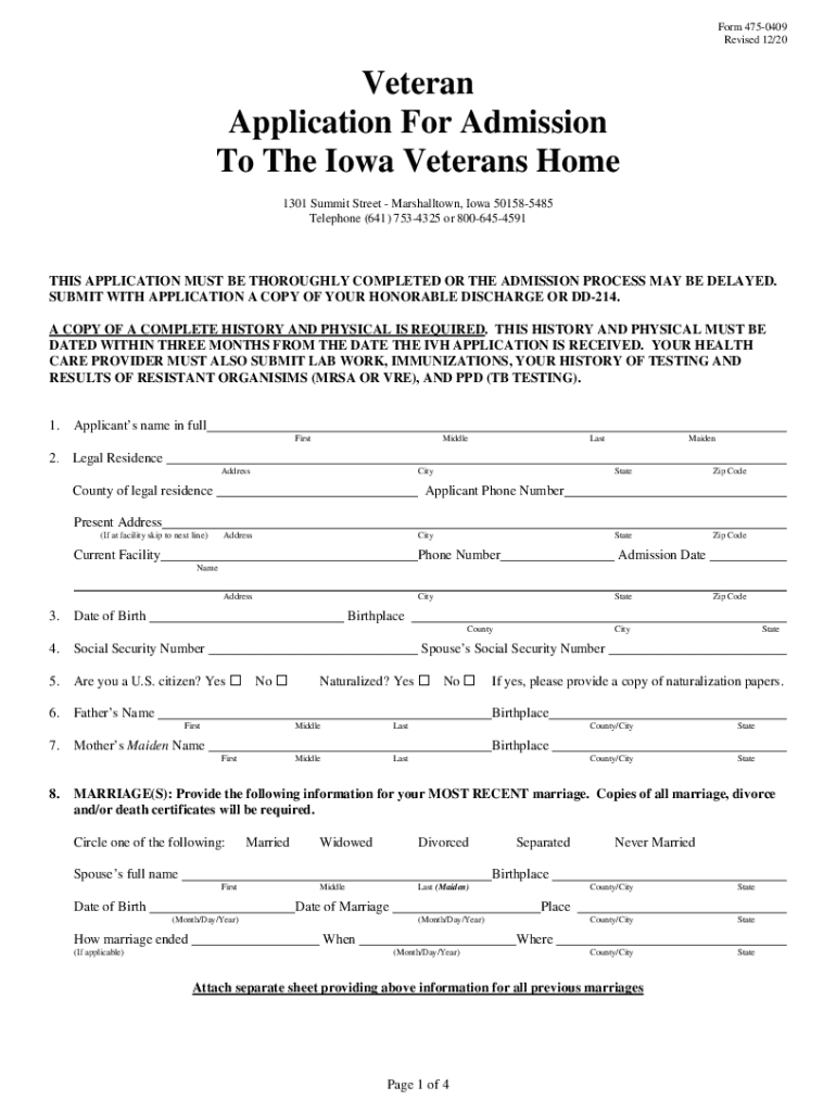 Veteran Application for Admission Iowa  Form