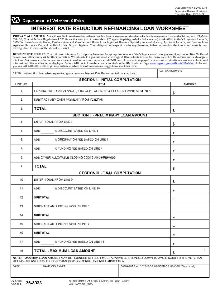  VA Form 26 8923 INTEREST RATE REDUCTION REFINANCING LOAN WORKSHEET 2021-2024