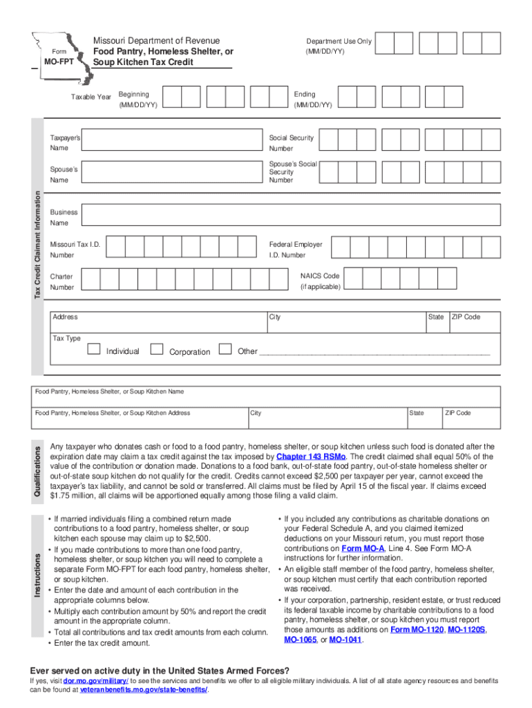  Form MO FPT Food Pantry, Homeless Shelter, or Soup Kitchen Tax Credit 2022-2024