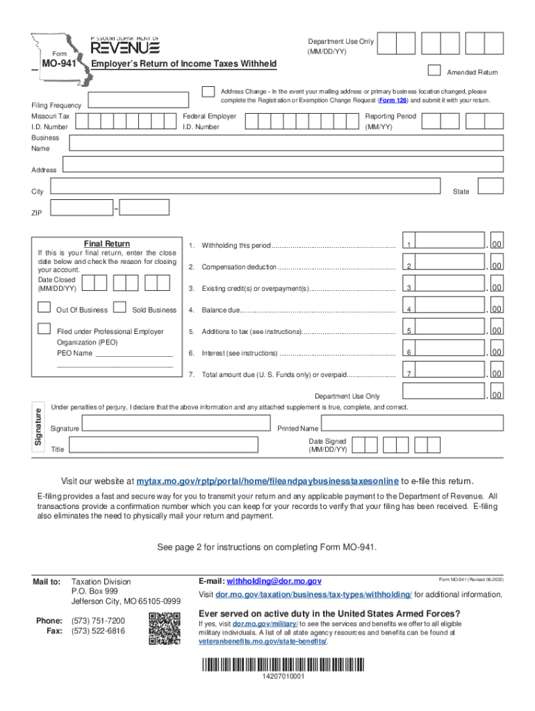  Missouri Form MO 941 Employers Return of Income TaxesMO 941 Employer&#039;s Return of Income Taxes WithheldMO 941 Employer&#039; 2022-2024