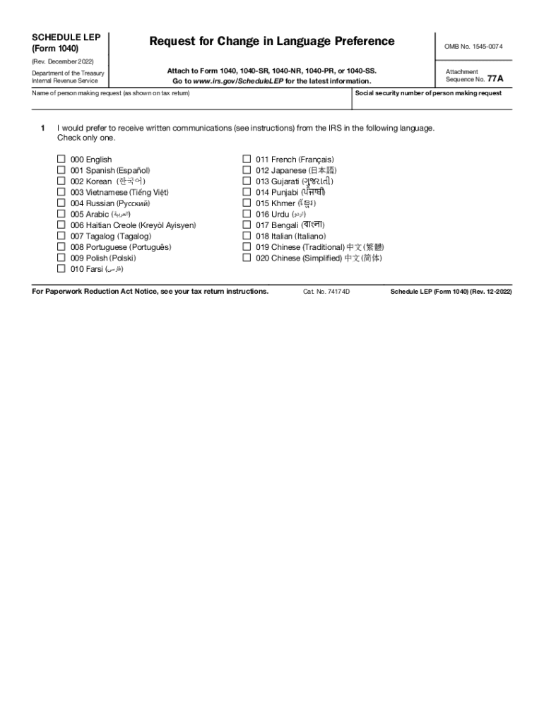  About Schedule LEP Form 1040, Request for Change in Language 2022-2024