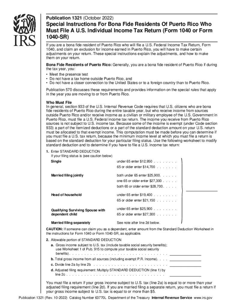  Publication 1321 Rev 10 Special Instructions for Bona Fide Residents of Puerto Rico Who Must File a U S Individual Income Tax Re 2022