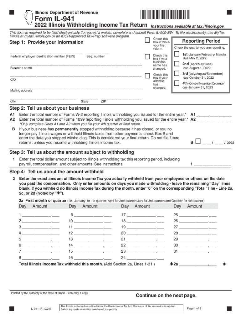  Form IL 941 Illinois Withholding Income Tax Return Form IL 941 Illinois Withholding Income Tax Return 2022-2024