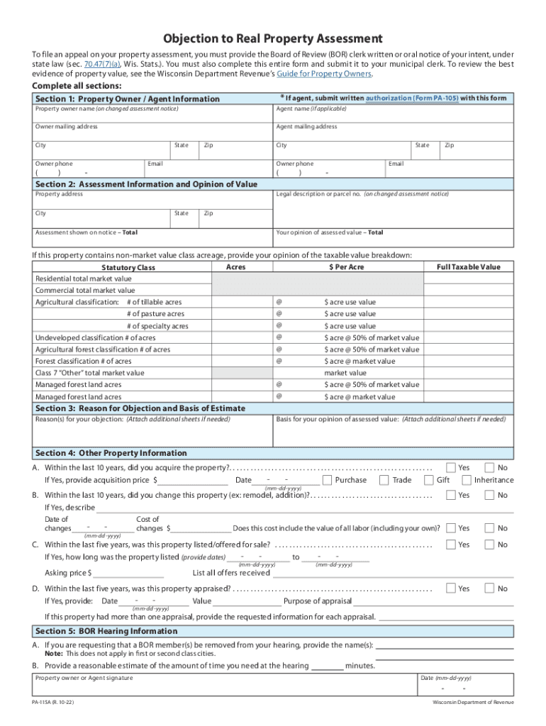  PA 115A Objection to Real Property Assessment 2022-2024