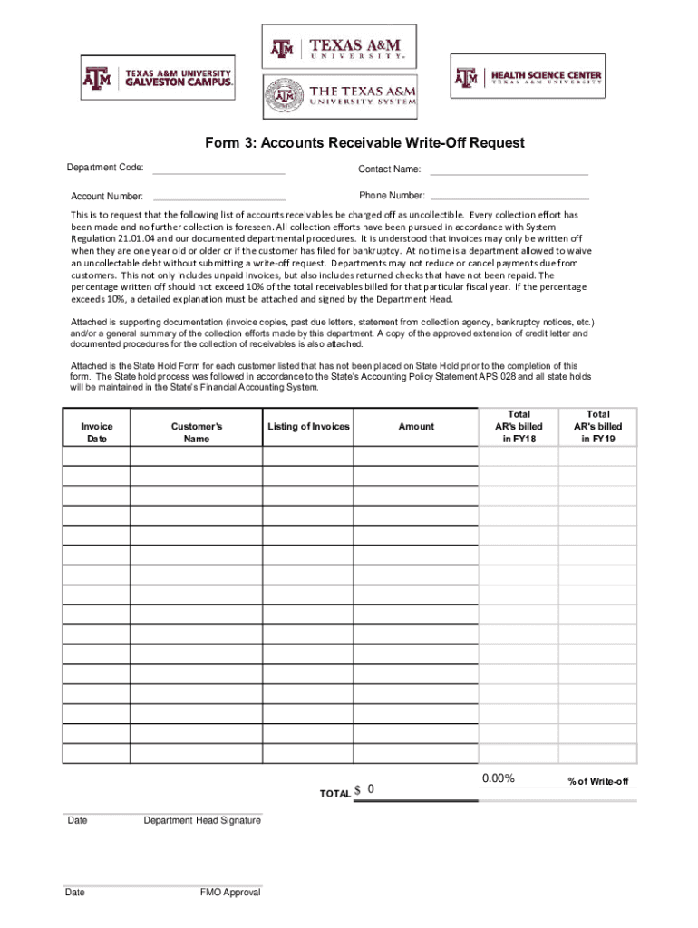  Form 3 Accounts Receivable Write off Request Depa 2015-2024