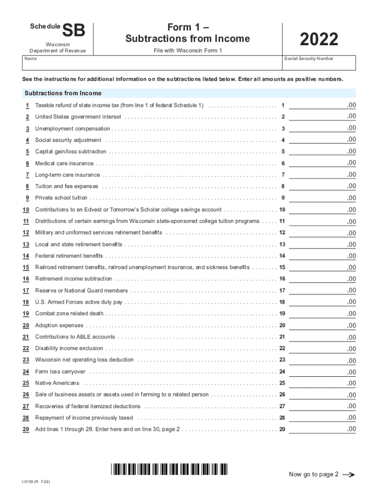  I 0103 Schedule SB Form 1 Subtractions from Income Fillable 2022-2024