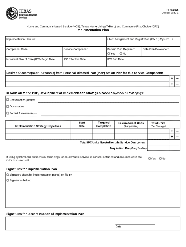 Form 2125, Home and Community Based Service HCS, Texas Home Living TxHmL and Community First Choice CFC Implementation Plan Form