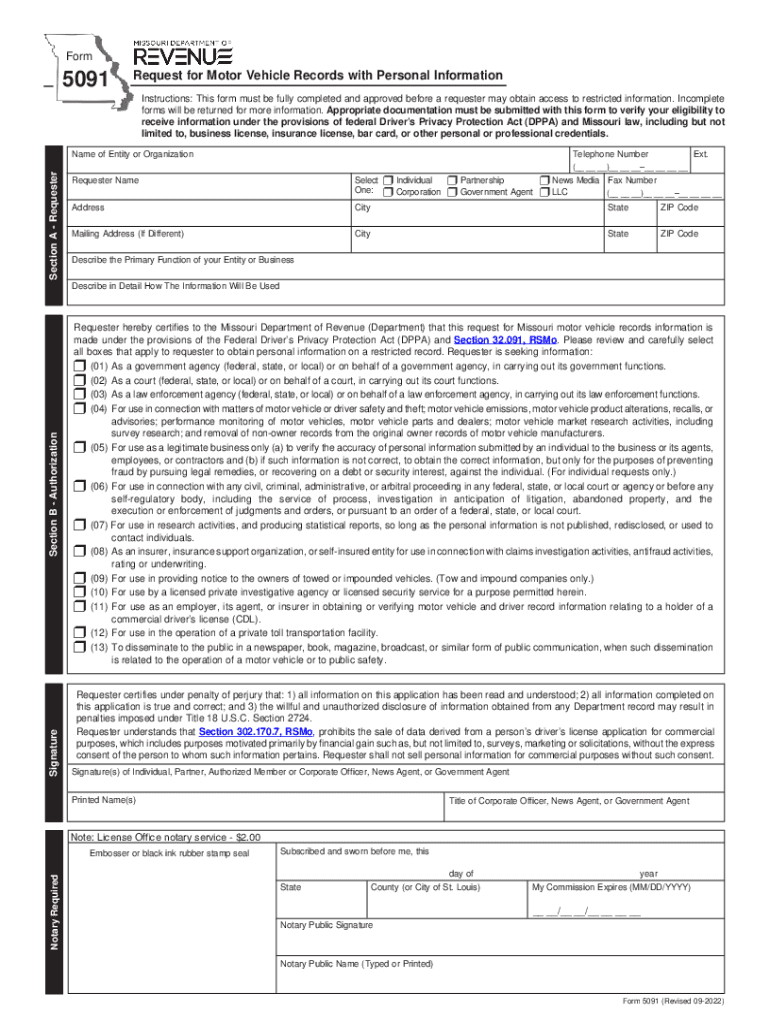 Dor Mo Govforms5091Request for Motor Vehicle Records with Personal Information