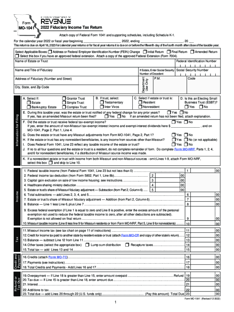 Missouri Form MO 1041 Missouri Fiduciary Income ReturnInstructions for Form 1041 and Schedules A, B, G, J, and KMissouri Form MO