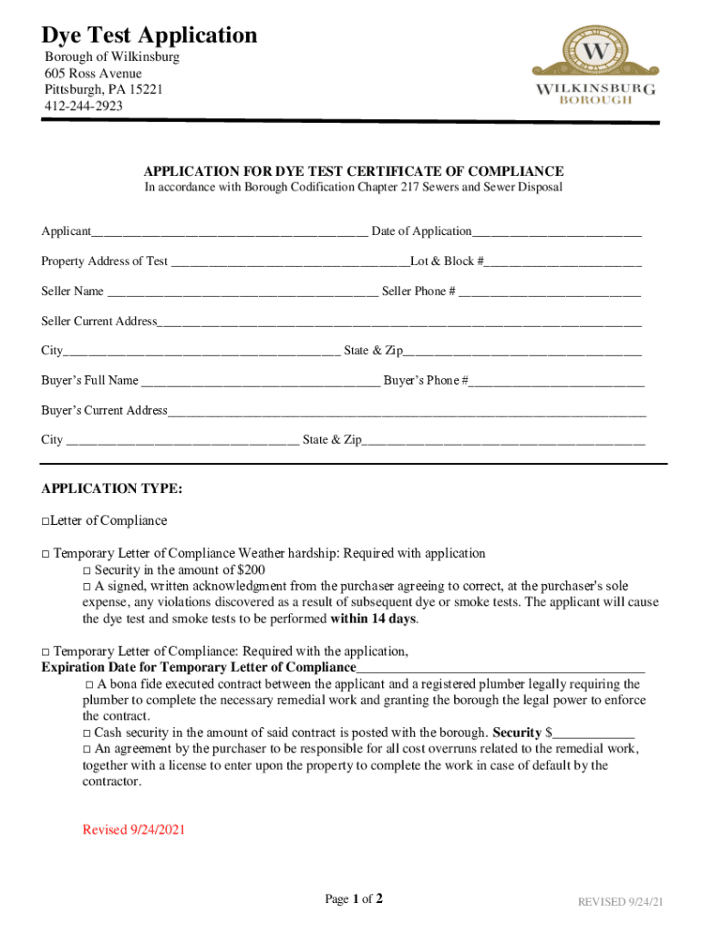 Dye Test Application  Form