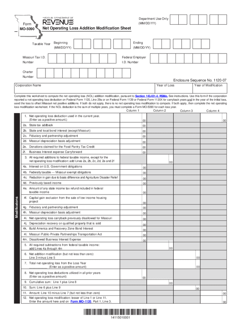 Form MO 5090 Net Operating Loss Addition Modification Sheet Missouri