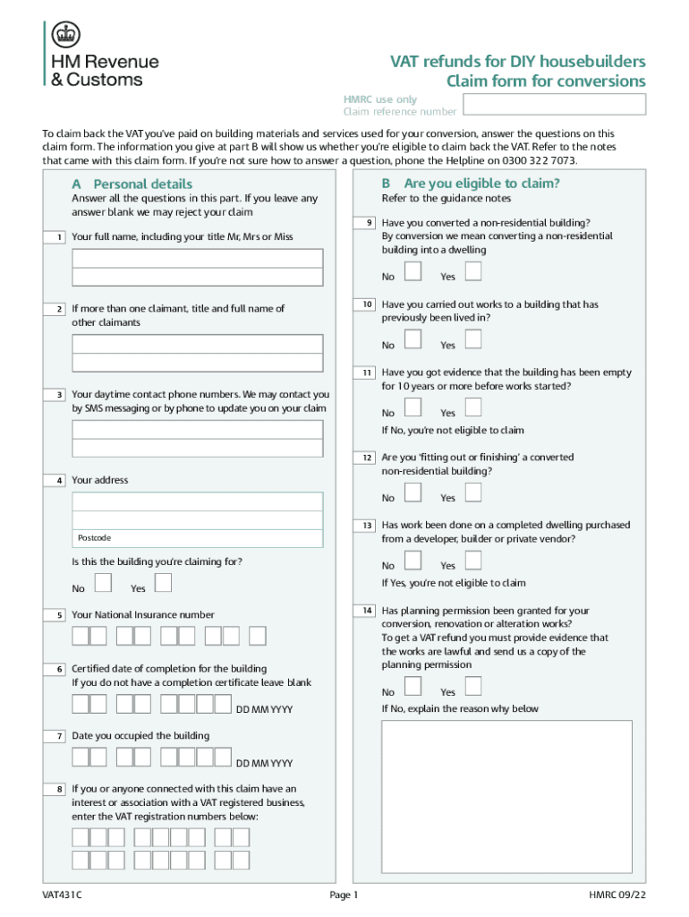  VAT431C Form and Notes VAT Refunds for DIY Housebuilders Claim Form for Conversions 2022-2024