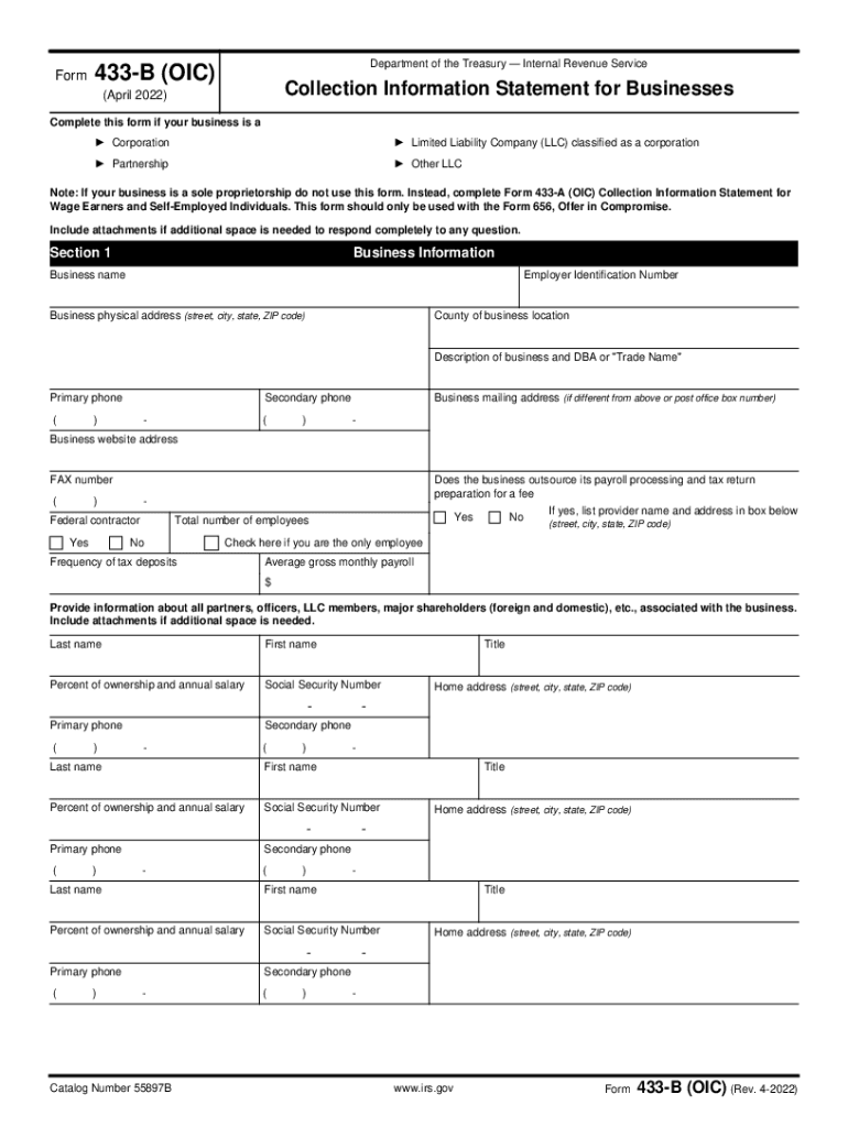  Form433 B OIC Rev 4 Collection Information Statement for Businesses 2022