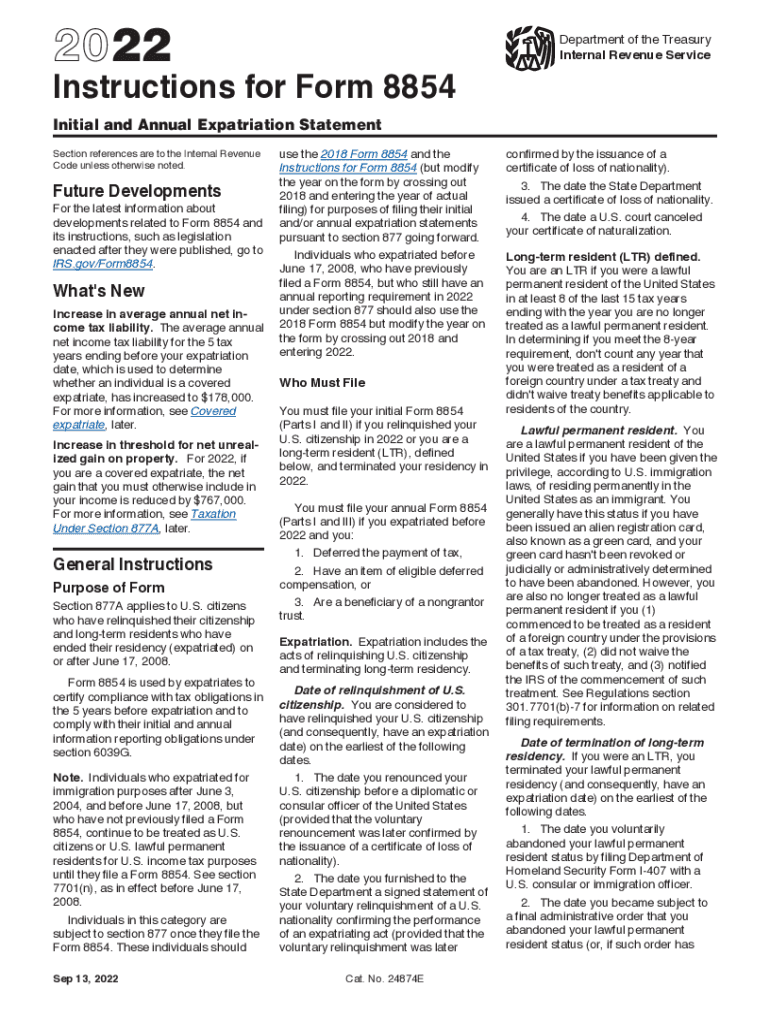  About Form 8854, Initial and Annual Expatriation Statement 2022-2024