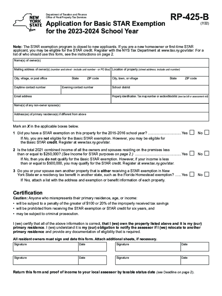  Form RP 425 B Application for Basic STAR Exemption for the 2023 2024 School Year Revised 722 2022