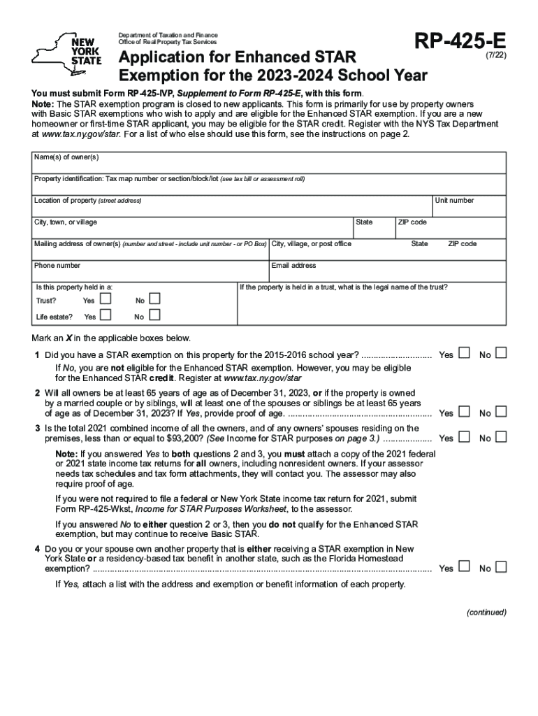  Form RP 425 E Application for Enhanced STAR Exemption for the 2023 2024 School Year Revised 722 2022