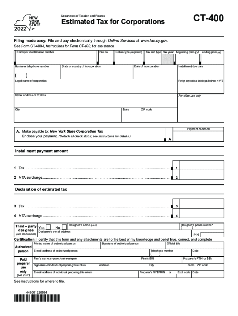  Form CT 400 Estimated Tax for Corporations Tax Year 2022-2024