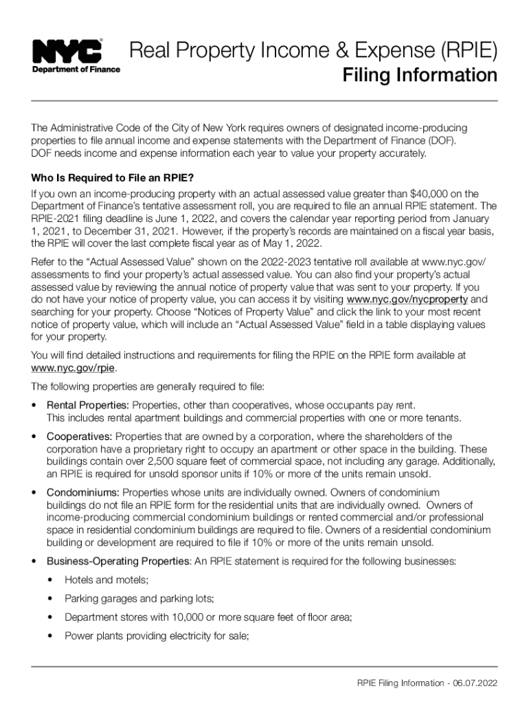  Real Property Income and Expense RPIE Statements New York CityReal Property Income and Expense RPIENYC311Real Property Income an 2022-2024