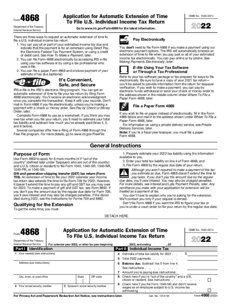  Form 4868 Application for Automatic Extension of Time to File U S Individual Income Tax Return 2022-2024