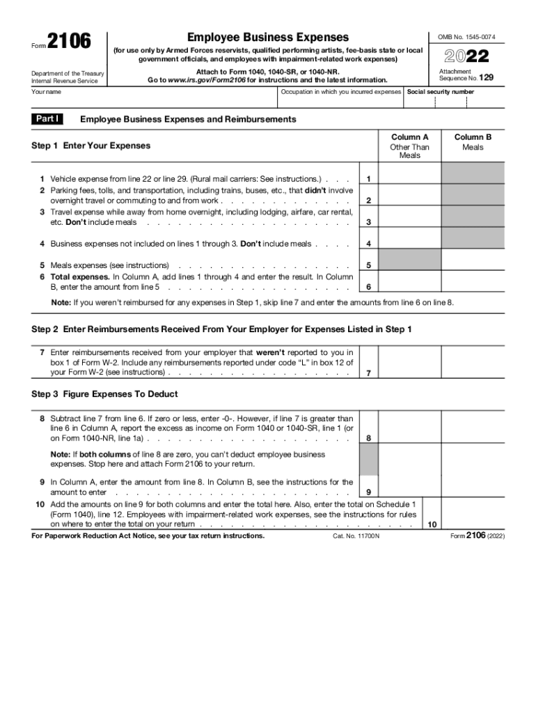  About Form 2106, Employee Business ExpensesInternal Revenue Service 2022