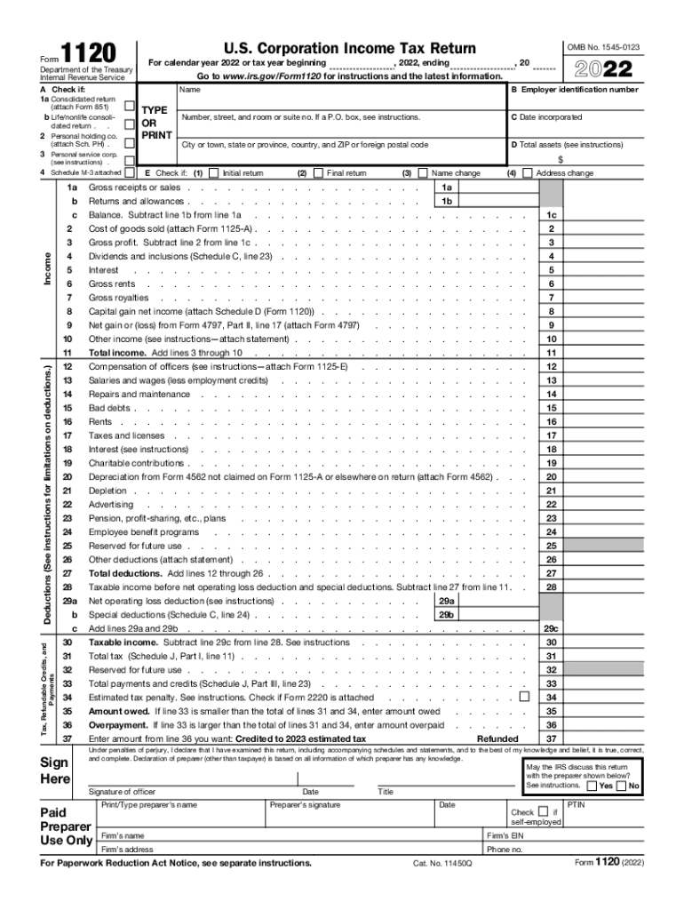  Form1120 PDF 1120 U S Corporation Income Tax Return Form Department 2022
