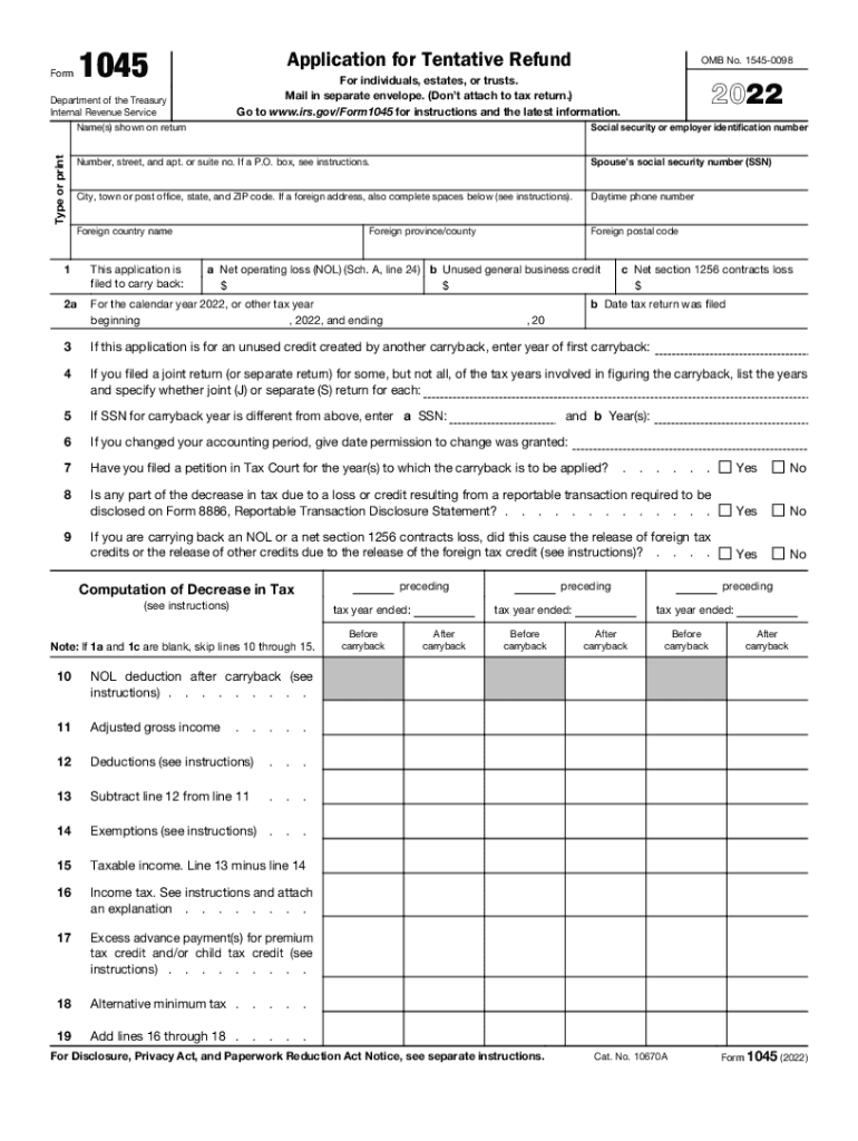  About Form 1045, Application for Tentative RefundInternal Revenue 2022