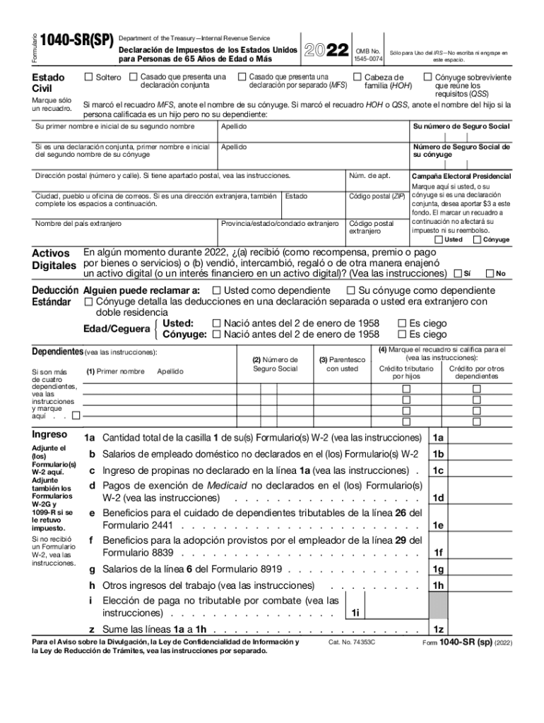  Form 1040 SR SP U S Tax Return for Seniors Spanish Version 2022