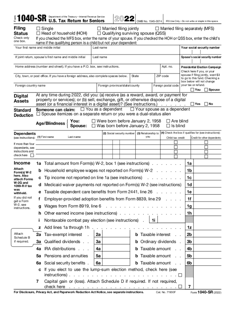  Form 1040 SR, U S Tax Return for Seniors Internal Revenue Code 2022