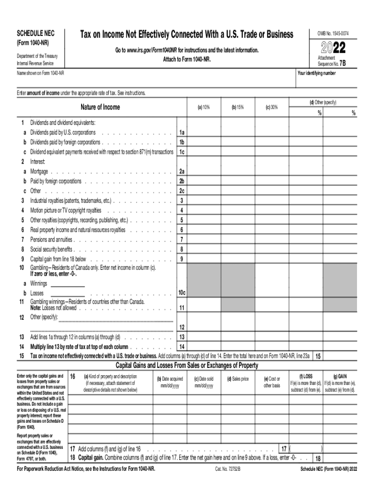  Schedule NEC Form 1040 NR Tax on Income Not Effectively Connected with a U S Trade or Business 2022