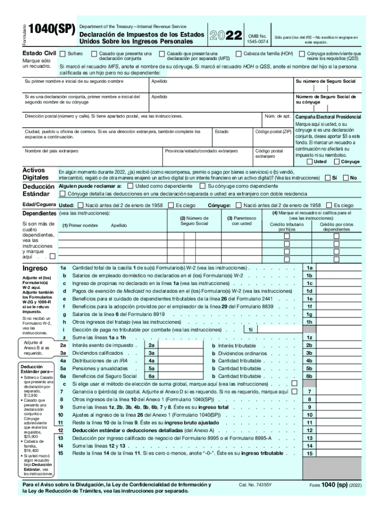 Form 1040 SP U S Individual Income Tax Return Spanish Version