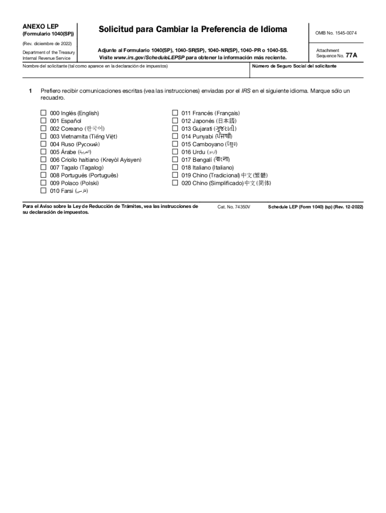  Schedule LEP Form 1040 Sp Rev December Request for Change in Language Preference Spanish Version 2022