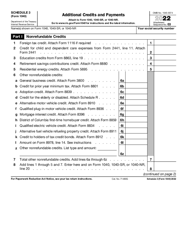  Schedule 3 Form 1040 Additional Credits and Payments 2022