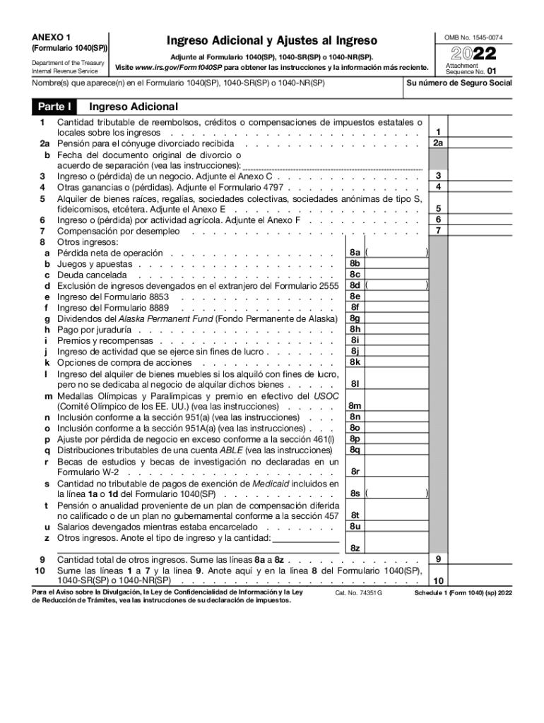  Schedule 1 Form 1040 SP Additional Income and Adjustments to Income Spanish Version 2022