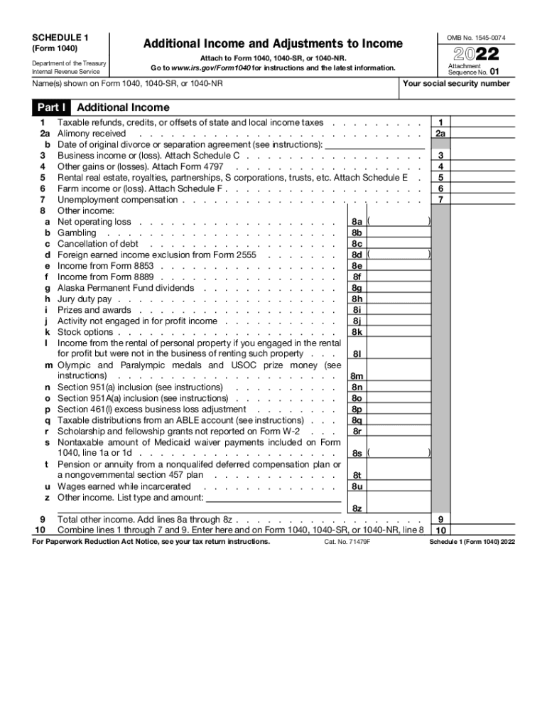  Schedule 1 Form 1040 Additional Income and Adjustments to Income 2022-2024