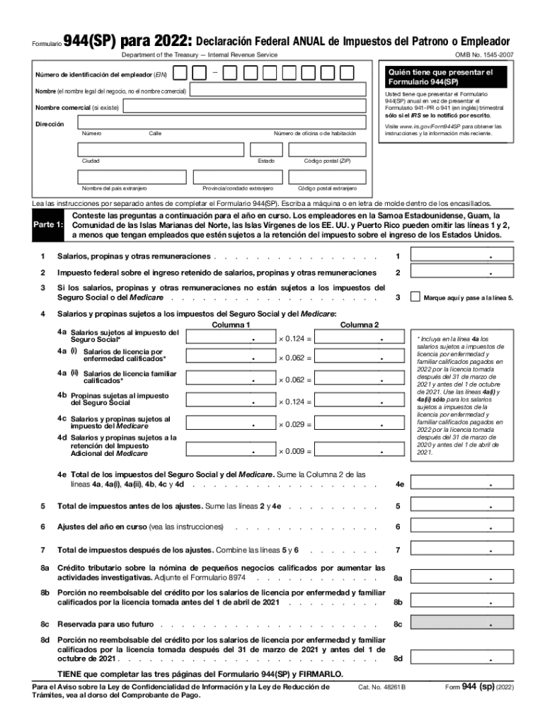  Form 944SP Employer&#039;s Annual Federal Tax Return Spanish Version 2022