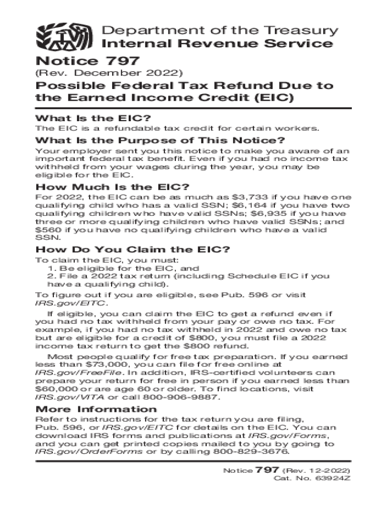  Notice 797 Rev December Possible Federal Tax Refund Due to the Earned Income Credit EIC 2022