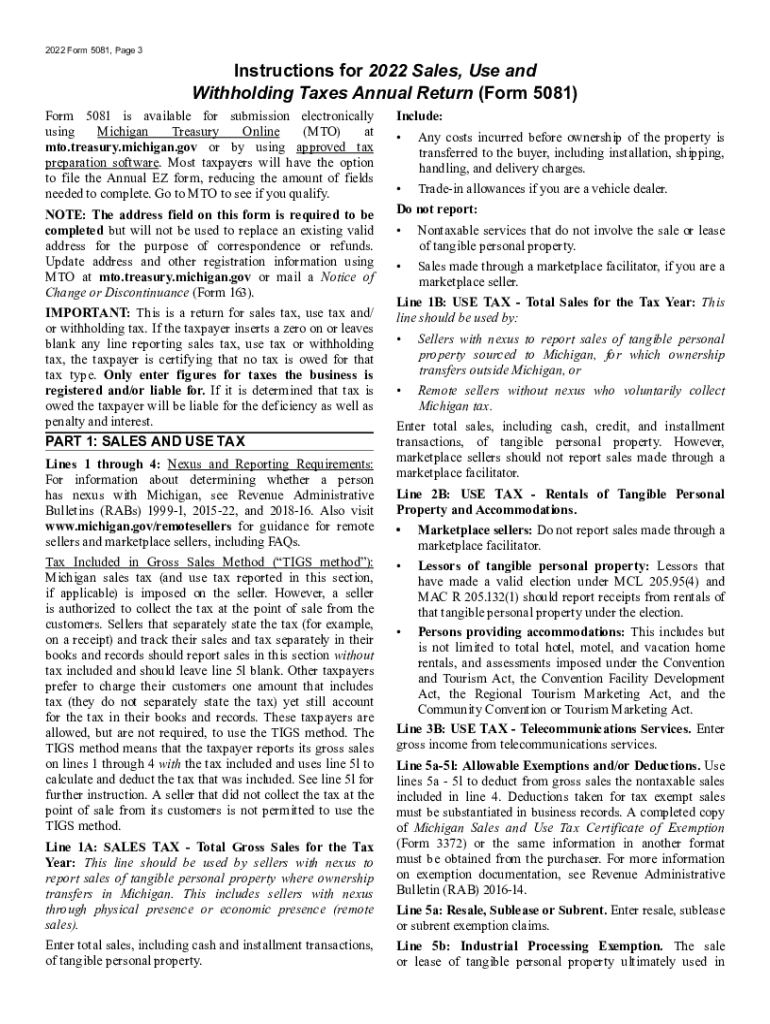  MI Form 5081 Sales, Use and Withholding Taxes Annual ReturnGet and Sign 5081, Sales, Use and Withholding Taxes AnnualGet and Sig 2022-2024