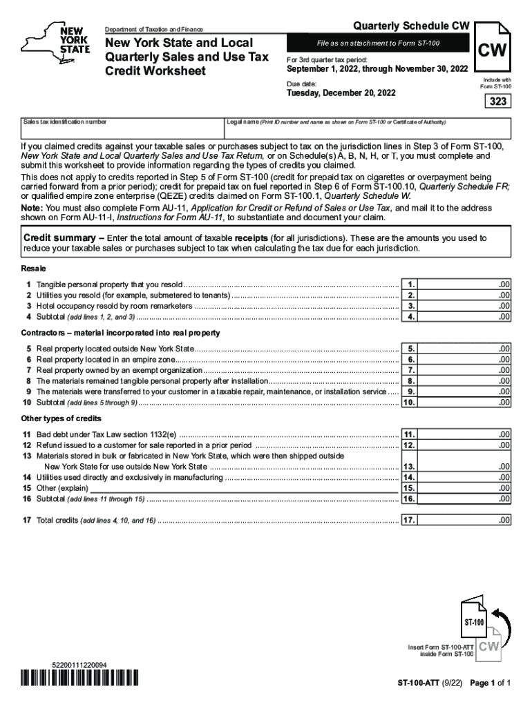  Form ST 100 ATT New York State and Local Quarterly Sales and Use Tax Credit Worksheet Revised 922 2022