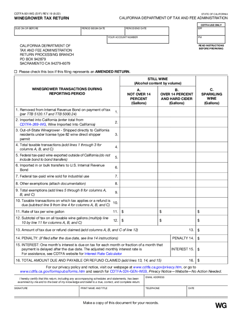  CDTFA 501 WG, Winegrower Tax Return Winegrower Tax Return 2022-2024