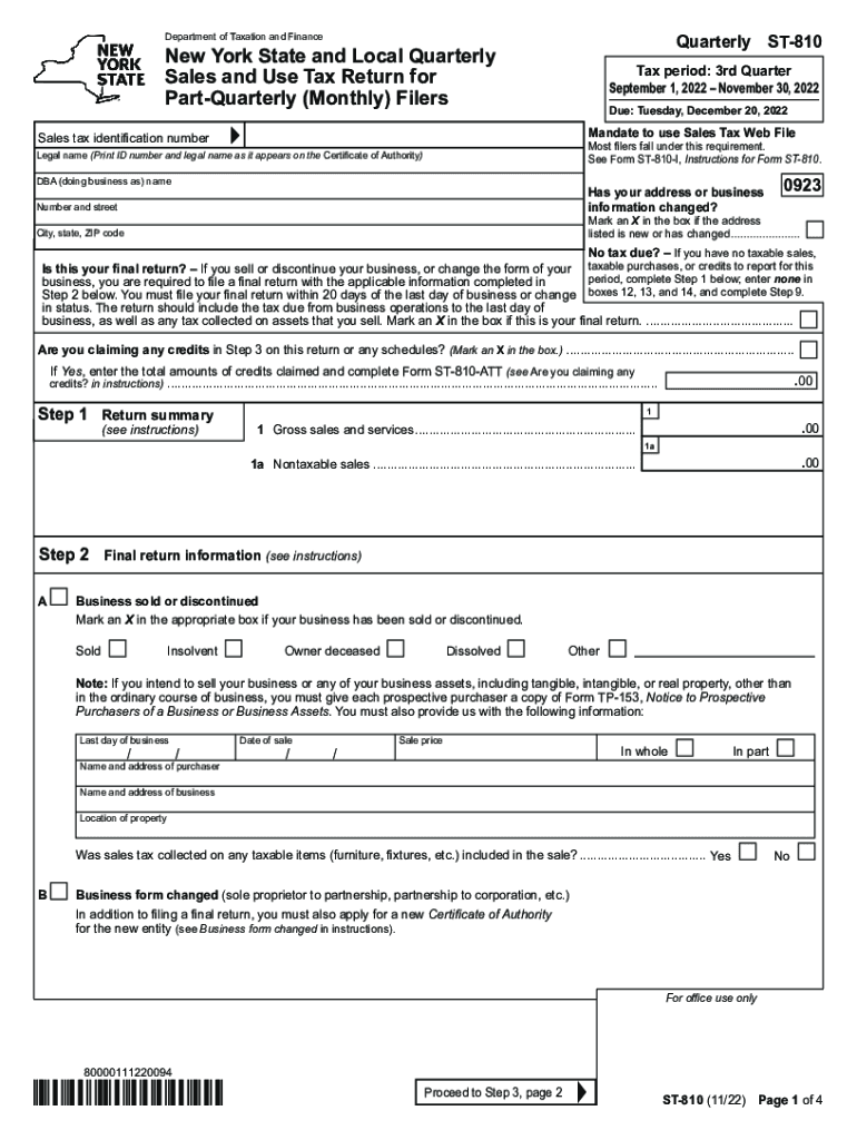  Form St 810 New York State and Local Quarterly Sales and Use Tax Return for Part Quarterly Monthly Filers Revised 1122 2022