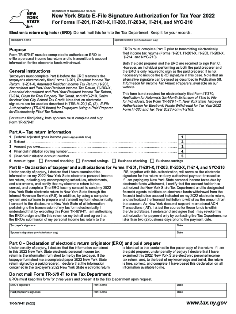  New York State E File Signature Authorization for Tax Year for Forms it 201, it 201 X, it 203, it 203 X, it 214, and NYC 210 2022