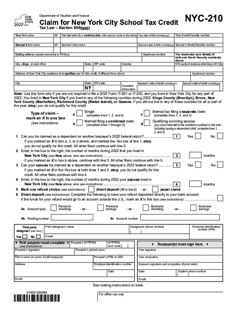  Form NYC 210 Claim for New York City School Tax Credit Tax Year 2022-2024