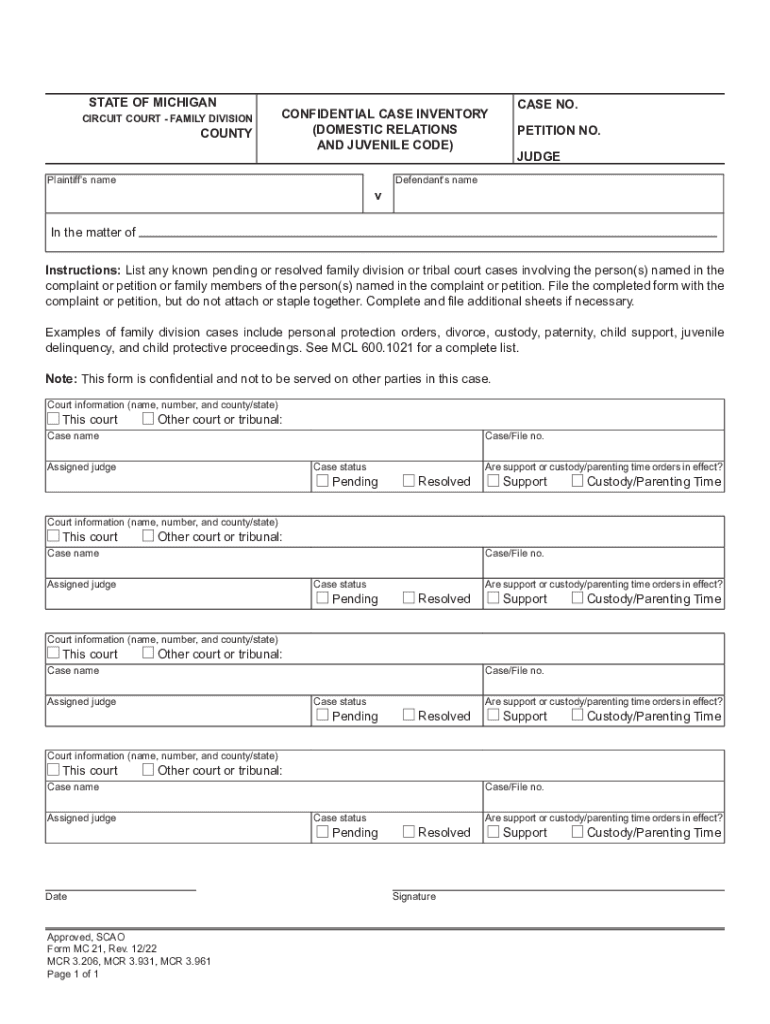  MC 21, Confidential Case Inventory Domestic Relations and 2022-2024