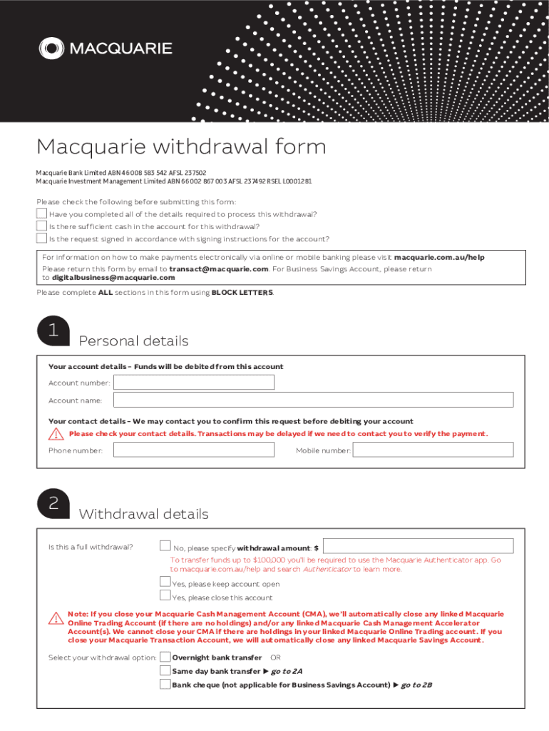 Macquarie Withdrawal Form Fill Out and Sign PrintableMacquarie Investment ManagementMacquarie Investment Management