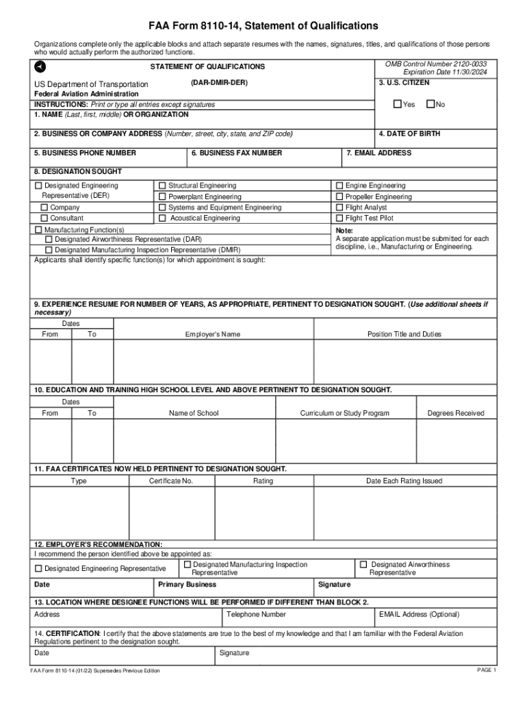  FAA Form 8110 14, Statement of Qualifications DAR DMIR 2022-2024