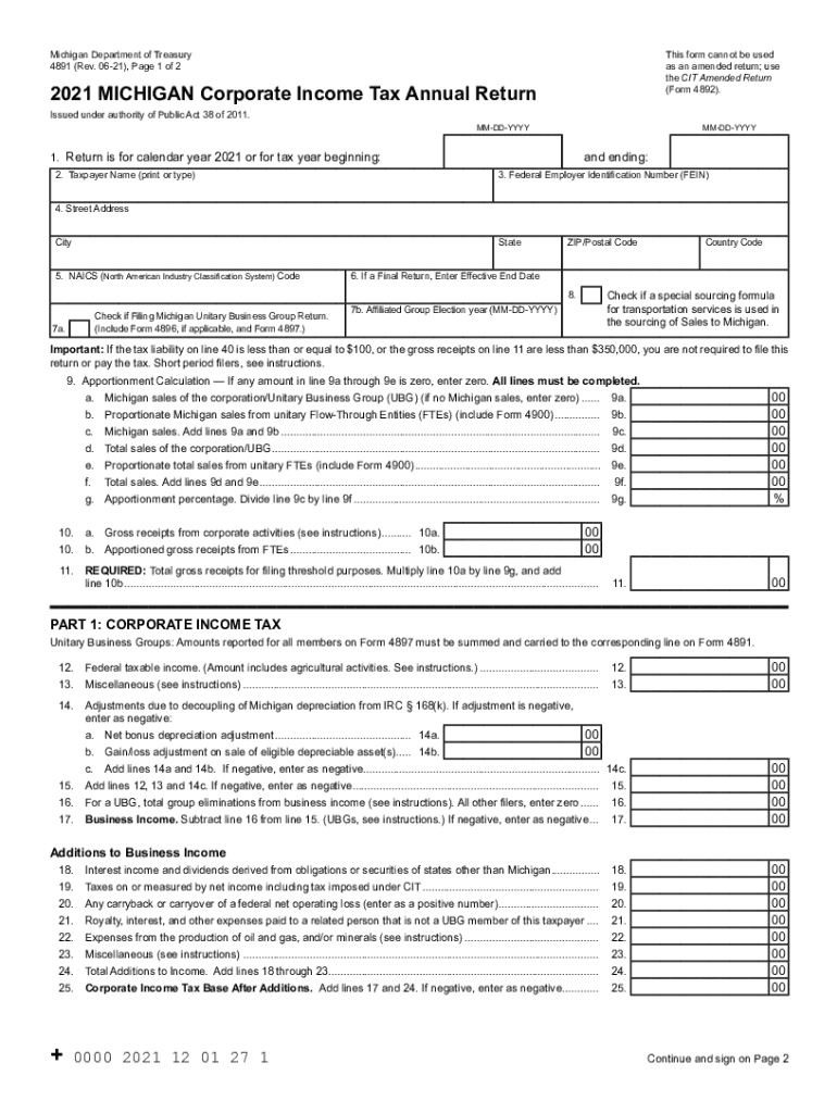  Michigan Form 4891 CIT Annual Return TaxFormFinder 2021
