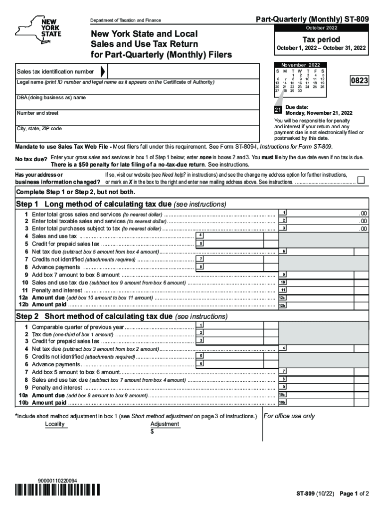  Form ST 809 New York State and Local Sales and Use Tax Return for Part Quarterly Monthly Filers Revised 1022 2022